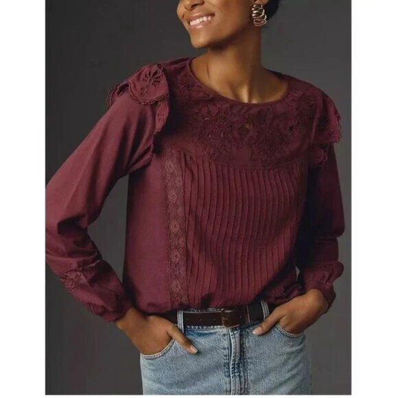 Anthropologie x Tiny Long-Sleeve Crescent Ruffled Lace Top Size Medium EUC - Picture 10 of 11